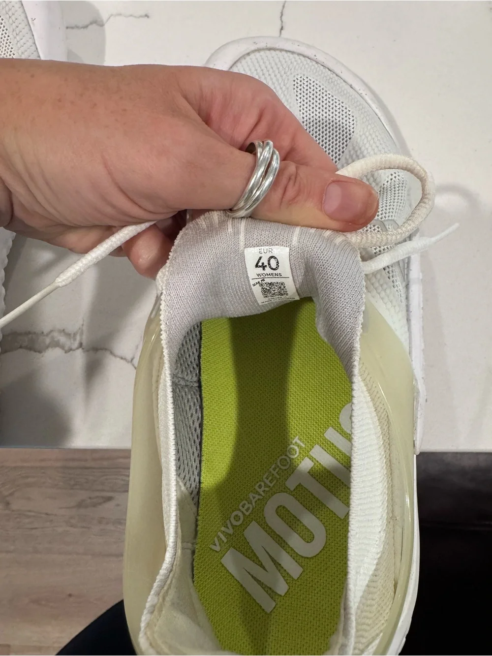 Vivo Barefoot Women’s White Mesh Minimalist Sneakers with Lime Pull Tab